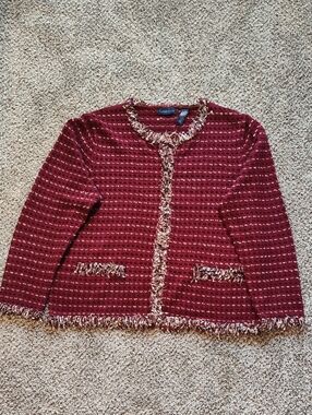 Karen Scott Burgundy Fringe-Trim Tweed Jacket